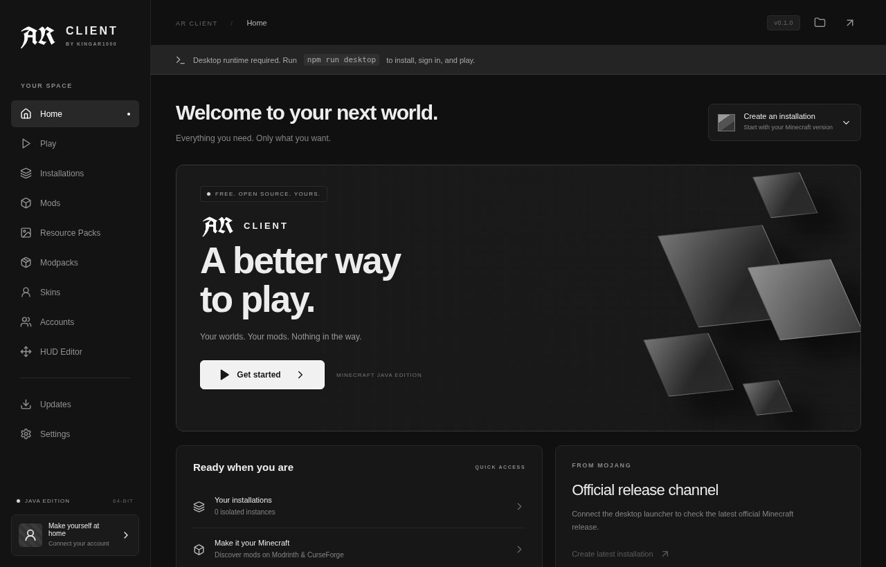 AR Client desktop interface with navigation for installations, mods, skins, accounts, and updates